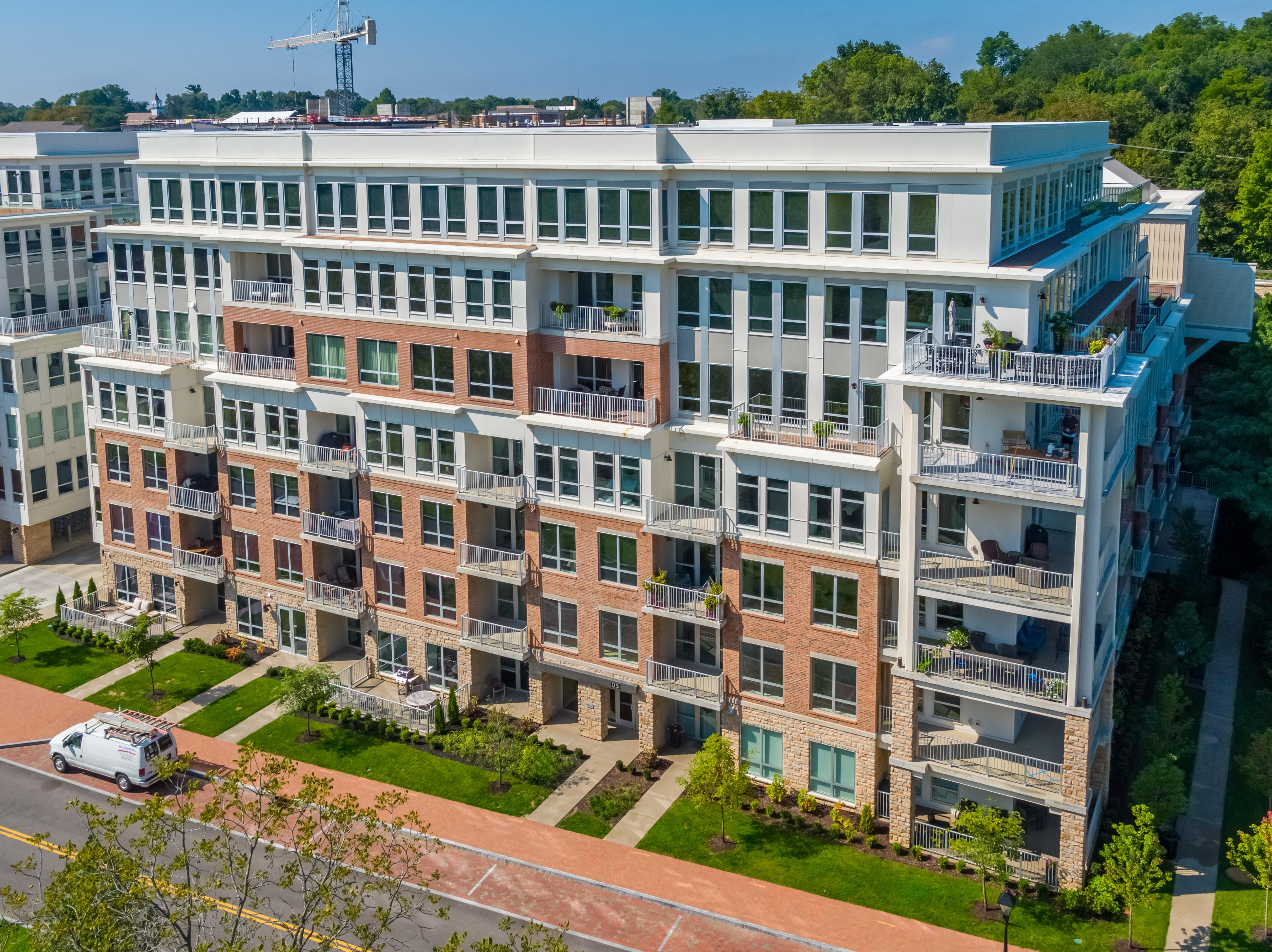 Exterior image of Bridge Park West condos in Dublin, Ohio.